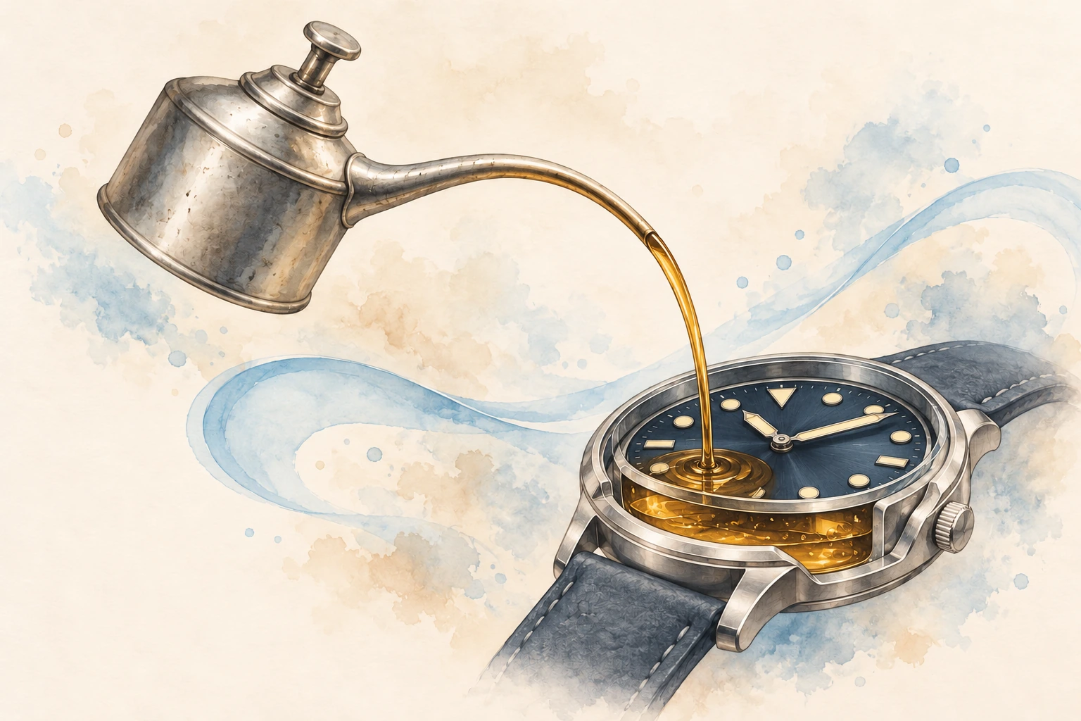 A vintage metal oil can pours amber-brown oil into an imagined watch with a dive-watch dial, surrounded by soft blue watercolor ribbons.