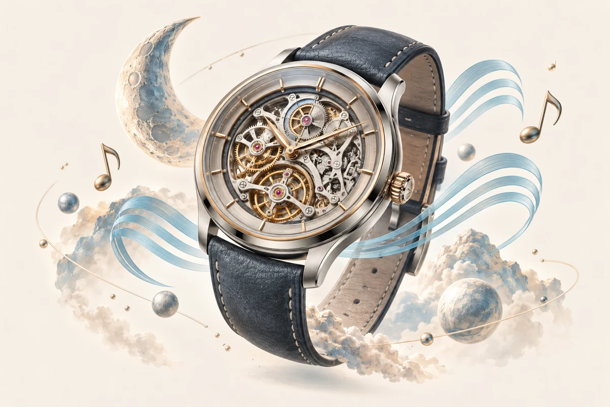 An illustrated mechanical watch surrounded by the Moon, musical notes and flowing blue ribbons.