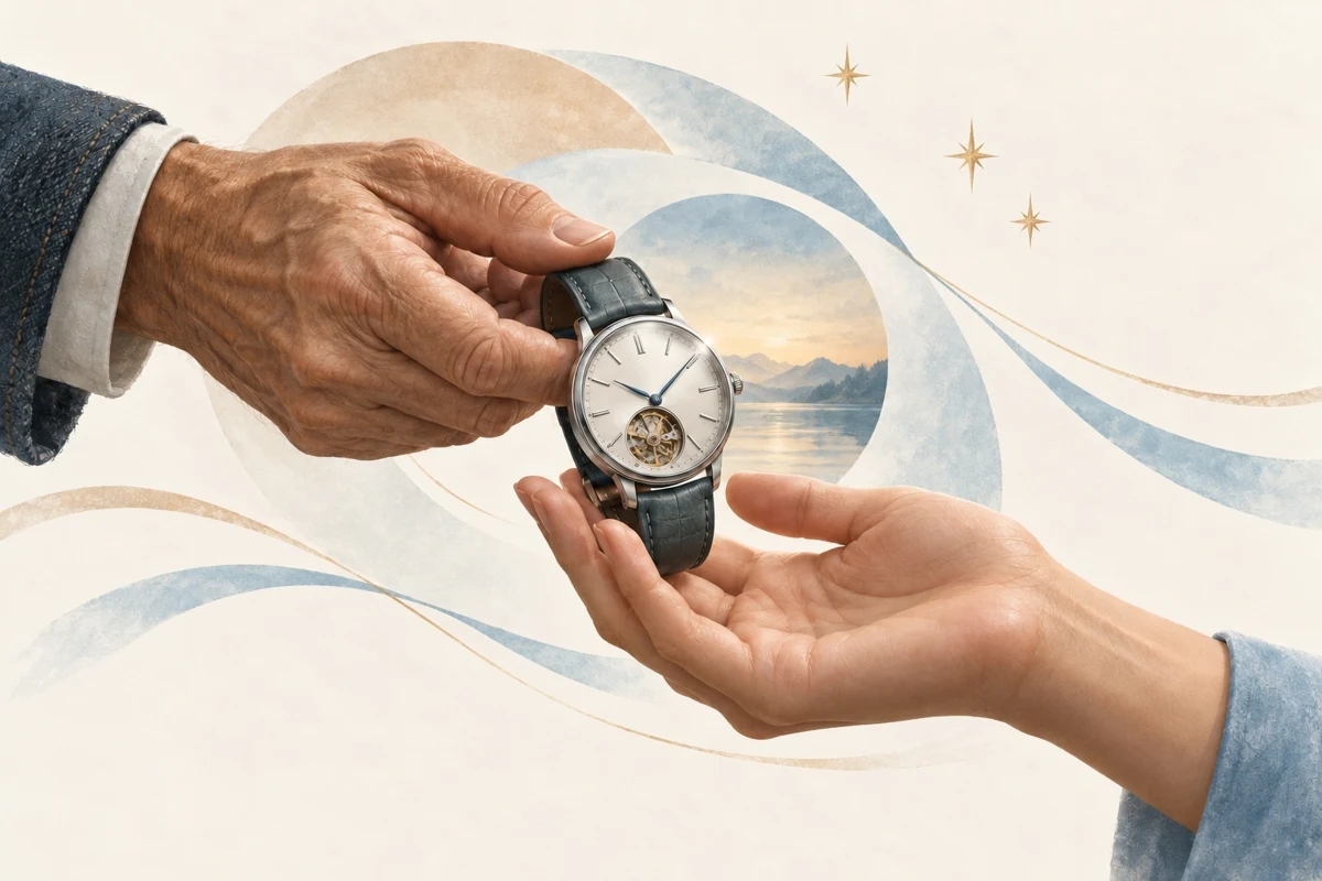 An illustration of a watch passing from one pair of hands to another, with a sunlit landscape behind it.